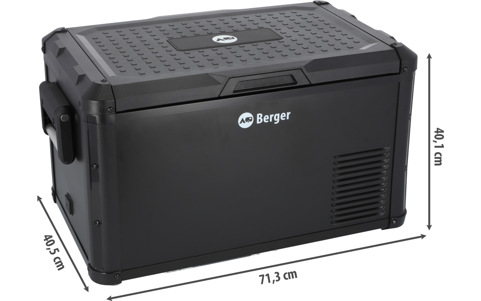 Boîte rectangulaire noire avec couvercle supérieur, poignée latérale, grille d'aération, logo "Berger" et flèches de dimensions 71,3 cm × 40,5 cm × 40,1 cm