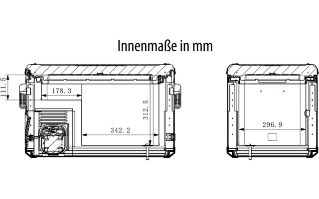 Deux dessins techniques en coupe d'un boîtier rectangulaire avec des lignes de cote et des chiffres (178.3, 342.2, 312.5, 296.9) et le titre 'Innenmaße in mm'