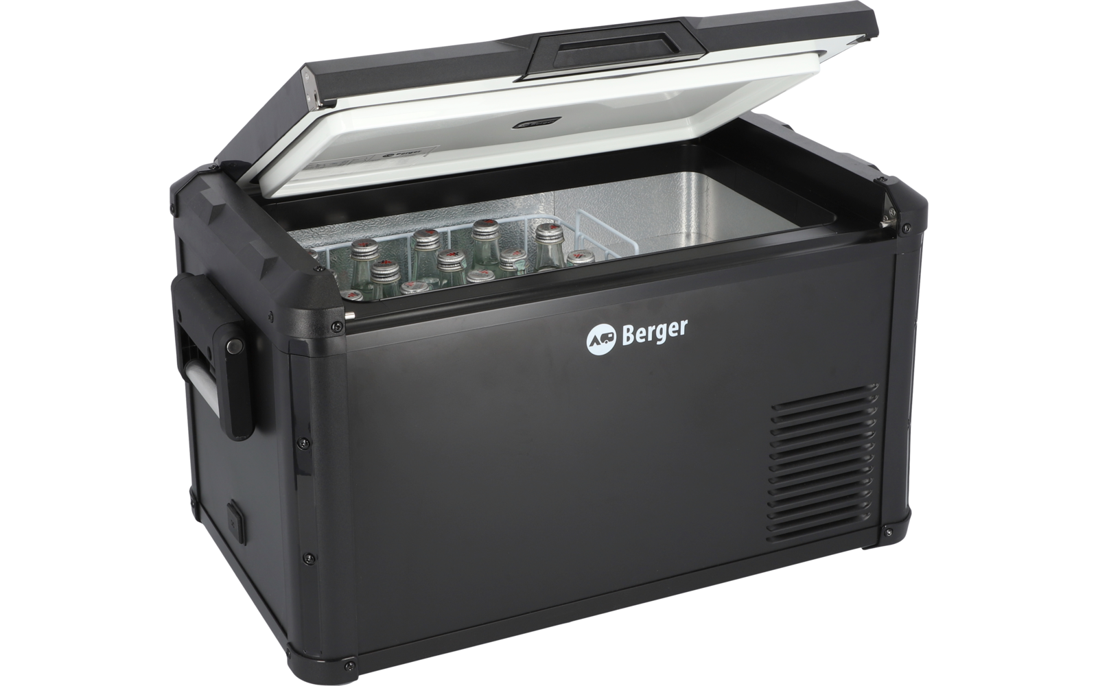 appareil rectangulaire noir avec couvercle ouvert, intérieur montrant plusieurs canettes, logo 'Berger' à l'avant