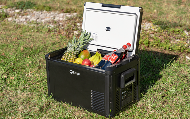 Glacière noire ouverte sur l'herbe avec ananas, bananes, pommes et deux bouteilles de cola