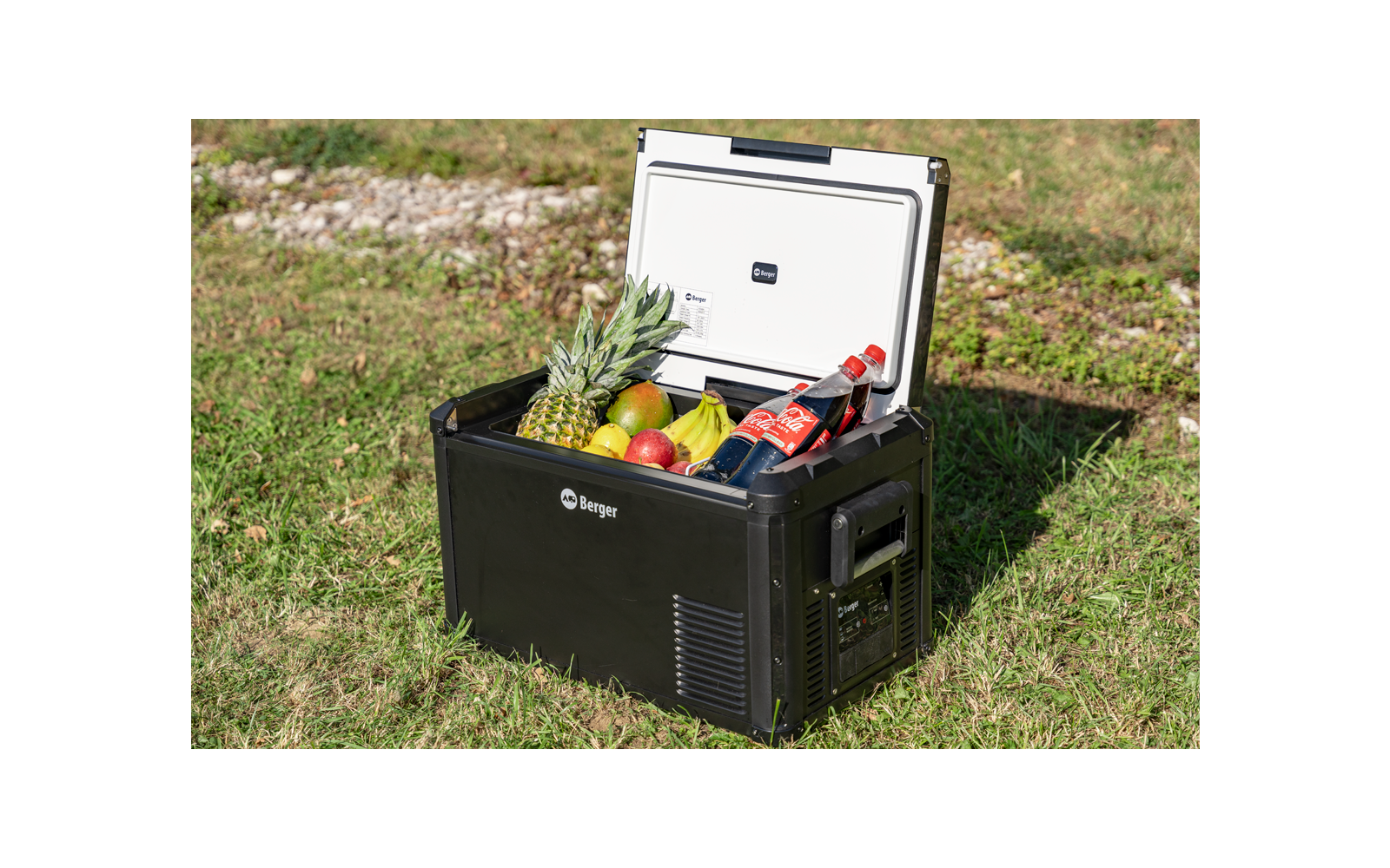 Glacière noire ouverte sur l'herbe avec ananas, bananes, pommes et deux bouteilles de cola
