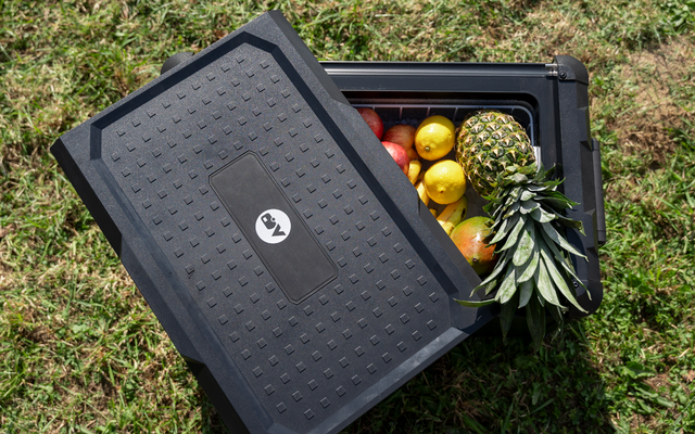 Caisse noire en plastique avec couvercle ouvert sur l'herbe, contenant divers fruits dont un ananas, des citrons et des pommes