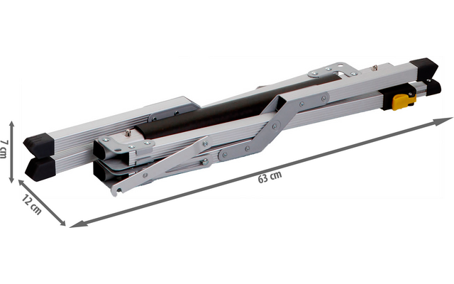 Échelle pliante en métal repliée avec barreaux, flèches de mesure et indications 63 cm, 12 cm, 7 cm