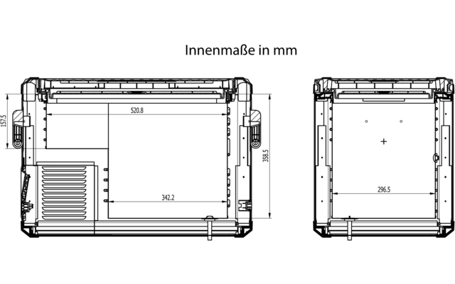 Dessin technique en lignes avec le texte 'Innenmaße in mm'. À gauche vue intérieure rectangulaire avec les dimensions 520.8 mm et 342.2 mm et une grille de ventilation à gauche. À droite vue intérieure rectangulaire avec la dimension 296.5 mm et une petite croix au centre. Les bords extérieurs montrent poignées et charnières