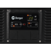 Panneau de commande noir avec logo 'Berger', affichage numérique indiquant '20', voyants LED allumés, boutons avec signes +/− et symbole marche/arrêt, mentions 'Battery Monitor', 'Max', 'Eco' et trois caches marqués 'DC', 'AC', 'USB'