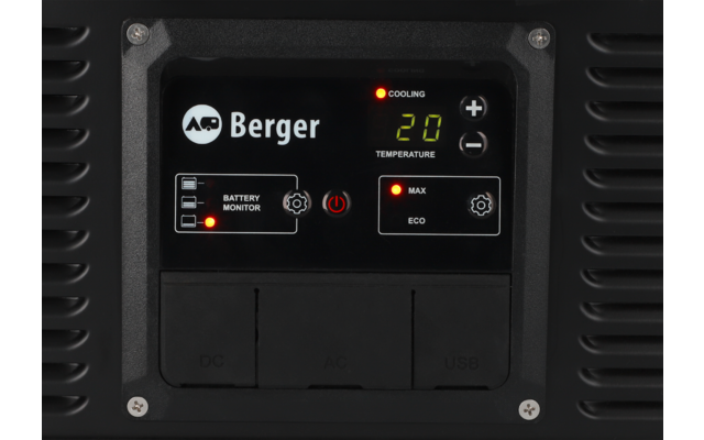 Panneau de commande noir avec logo 'Berger', affichage numérique indiquant '20', voyants LED allumés, boutons avec signes +/− et symbole marche/arrêt, mentions 'Battery Monitor', 'Max', 'Eco' et trois caches marqués 'DC', 'AC', 'USB'