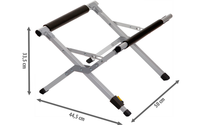 Cadre métallique argenté avec deux barres transversales noires rembourrées, pieds en X, embouts en caoutchouc noirs, pièce en plastique jaune sur un pied, flèches de mesure indiquant 33,5 cm, 44,5 cm et 50 cm sur fond blanc