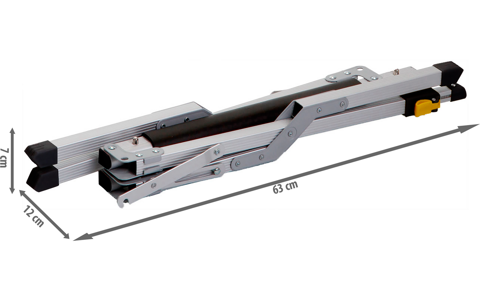 Échelle pliante en métal repliée avec barreaux, flèches de mesure et indications 63 cm, 12 cm, 7 cm