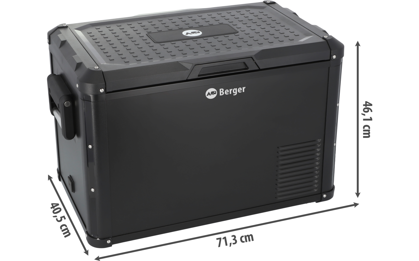 Caisse rectangulaire noire avec couvercle texturé, poignée latérale, grille de ventilation, logo "Berger" et repères de dimensions 71,3 cm × 40,5 cm × 46,1 cm