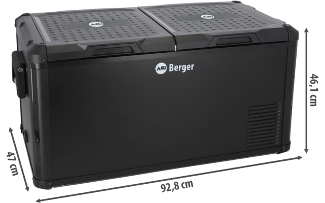 Caisse rectangulaire noire avec deux couvercles supérieurs, inscription "Berger" sur le devant, poignée latérale à gauche, grille d'aération à droite, dimensions 92,8 cm × 47 cm × 46,1 cm