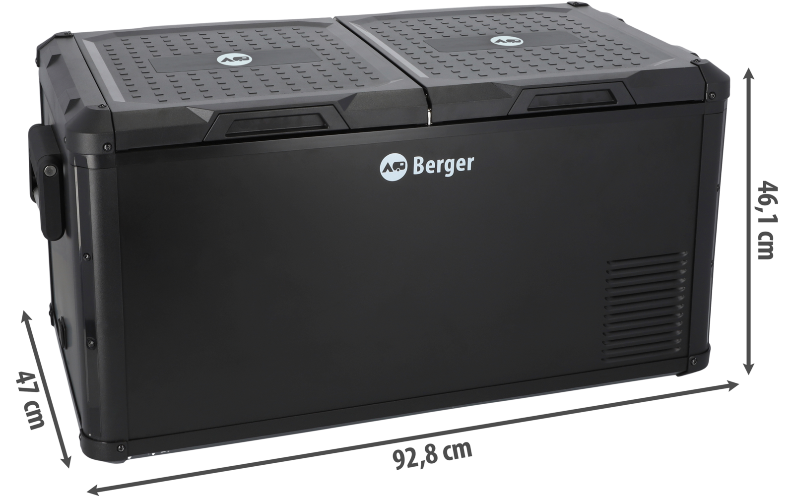 Caisse rectangulaire noire avec deux couvercles supérieurs, inscription "Berger" sur le devant, poignée latérale à gauche, grille d'aération à droite, dimensions 92,8 cm × 47 cm × 46,1 cm
