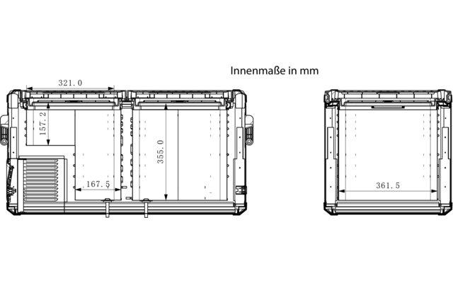 Dessin technique en noir et blanc avec deux vues rectangulaires côte à côte, inscription visible 'Innenmaße in mm' et cotes numériques ('321.0', '167.5', '335.5', '361.5') ; la vue de gauche montre deux sections adjacentes, zone inférieure gauche avec motif en grille