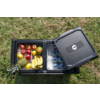 Glacière noire ouverte sur l'herbe ; compartiment gauche avec des fruits (pommes, ananas, bananes, citrons), compartiment droit avec de la glace et des bouteilles d'eau en plastique ; couvercle ouvert à côté