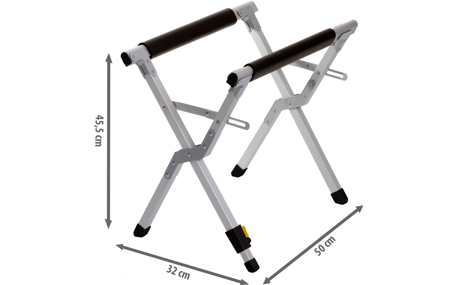 Deux châssis métalliques argentés avec barres supérieures rembourrées noires et pieds en caoutchouc noirs ; flèches de mesure 45,5 cm, 32 cm et 50 cm sur fond blanc