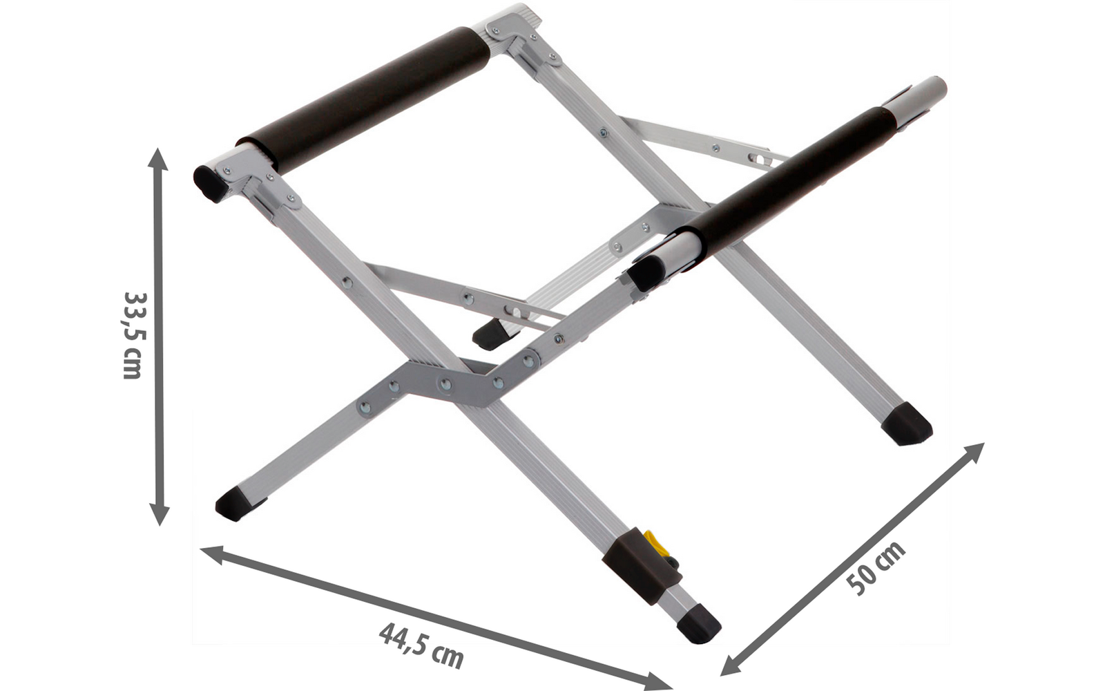 Cadre métallique argenté avec deux barres transversales noires rembourrées, pieds en X, embouts en caoutchouc noirs, pièce en plastique jaune sur un pied, flèches de mesure indiquant 33,5 cm, 44,5 cm et 50 cm sur fond blanc