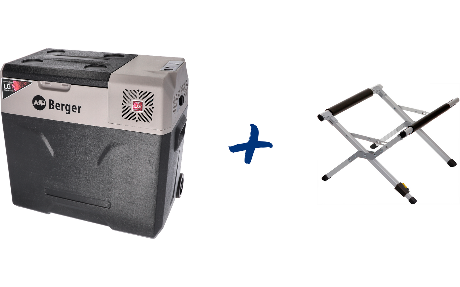 Portable cooler with 'Berger' logo on the left, blue plus sign in the center, folded silver metal stand on the right