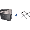 Portable cooler with 'Berger' logo on the left, blue plus sign in the center, folded silver metal stand on the right