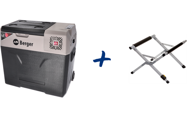 Portable cooler with 'Berger' logo on the left, blue plus sign in the center, folded silver metal stand on the right