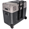 Beige-gray rectangular unit with two wheels, a telescoping handle, vents on the side and an LG logo