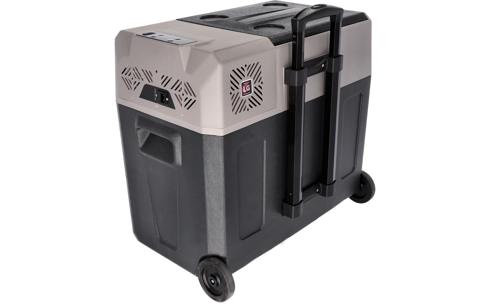Beige-gray rectangular unit with two wheels, a telescoping handle, vents on the side and an LG logo
