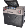 black-and-gray portable box with open lid, several water bottles visible inside, 'Berger' and 'LG' logos on the front