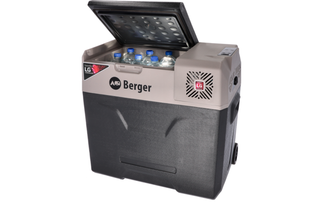 black-and-gray portable box with open lid, several water bottles visible inside, 'Berger' and 'LG' logos on the front