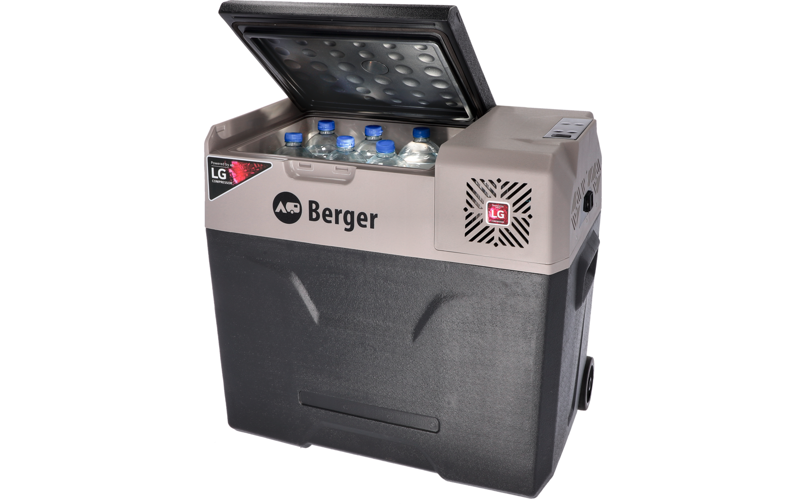 black-and-gray portable box with open lid, several water bottles visible inside, 'Berger' and 'LG' logos on the front