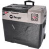 Portable cooler with light-gray lid and black body, top carry handle, side vent with LG logo and Berger logo on the front