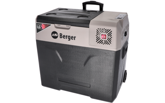 Portable cooler with light-gray lid and black body, top carry handle, side vent with LG logo and Berger logo on the front