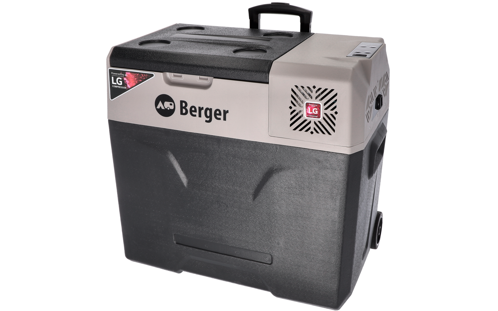 Portable cooler with light-gray lid and black body, top carry handle, side vent with LG logo and Berger logo on the front