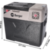 Portable cooler with beige top and dark gray bottom, Berger and LG logos on the front, side handles, control panel on the top right, vent on the right side, wheels at the bottom right