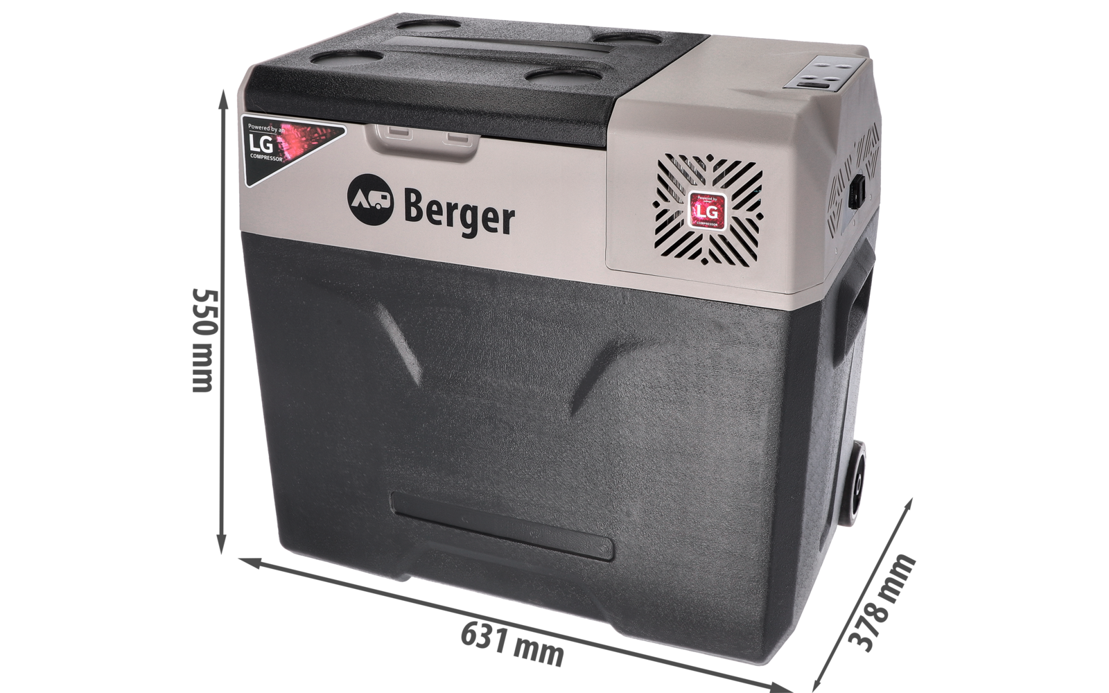 Portable cooler with beige top and dark gray bottom, Berger and LG logos on the front, side handles, control panel on the top right, vent on the right side, wheels at the bottom right