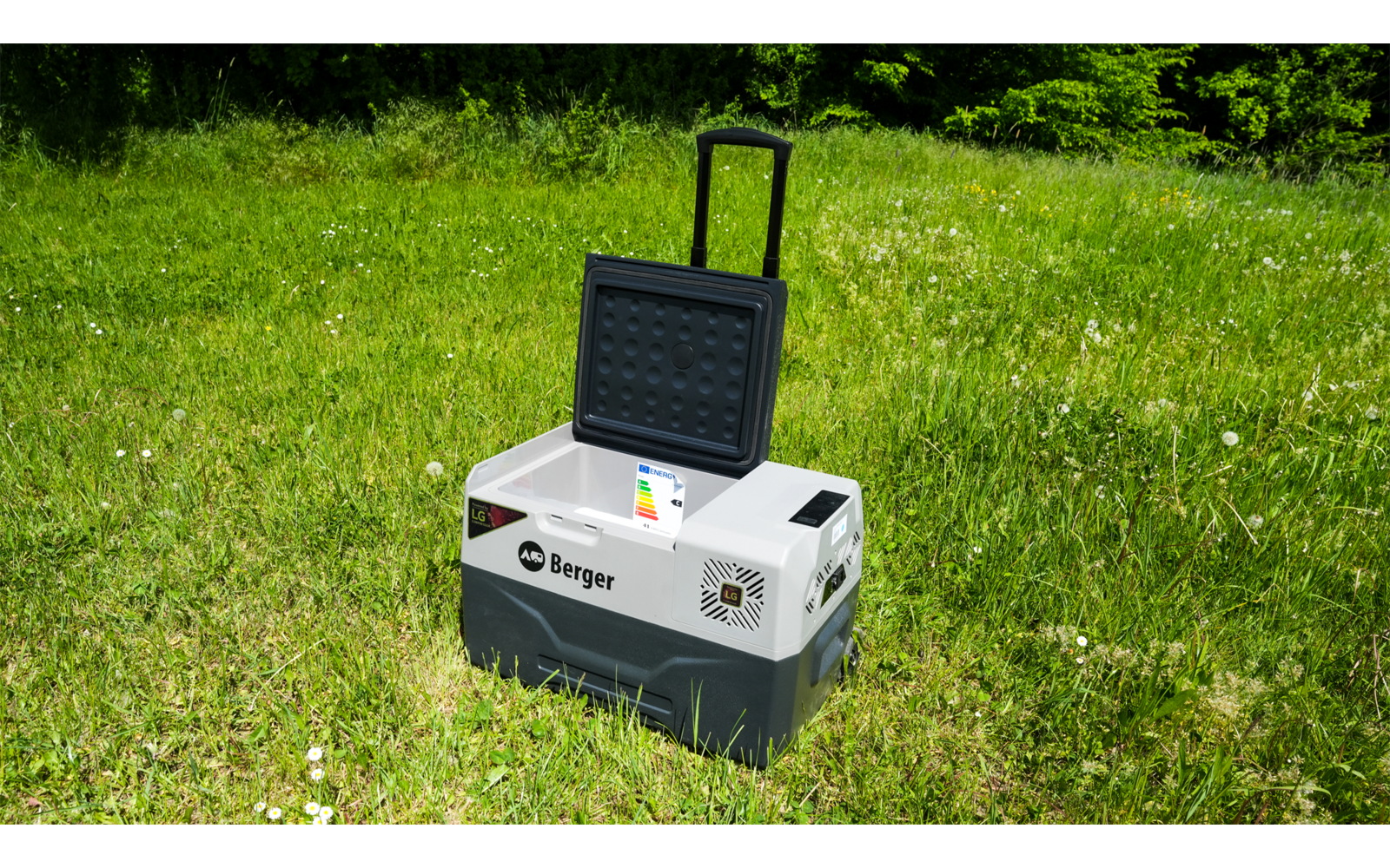 White-and-gray rectangular device with open lid; waffle-pattern interior; extended telescopic handle; colored sticker and black smartphone on the lid; on grass with small white flowers and trees in the background