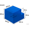 Blue 3D rectangular box with a stepped cutout, measurement labels in millimeters (320 mm, 286 mm, 254 mm, 468 mm, 156 mm, 300 mm), the text '49 Liter Volumen' on the front face and a small 'KI-generiert' label at bottom right