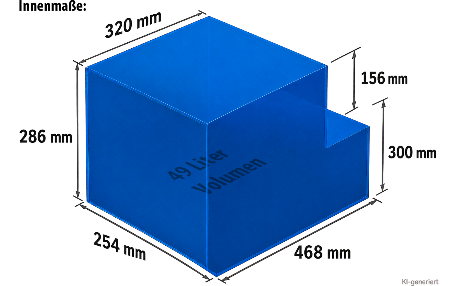 Blue 3D rectangular box with a stepped cutout, measurement labels in millimeters (320 mm, 286 mm, 254 mm, 468 mm, 156 mm, 300 mm), the text '49 Liter Volumen' on the front face and a small 'KI-generiert' label at bottom right