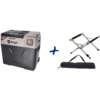Caja rectangular gris con asa, logotipo y rejilla de ventilación a la izquierda, signo más azul en el centro, soporte plegable plateado y bolsa de transporte negra a la derecha