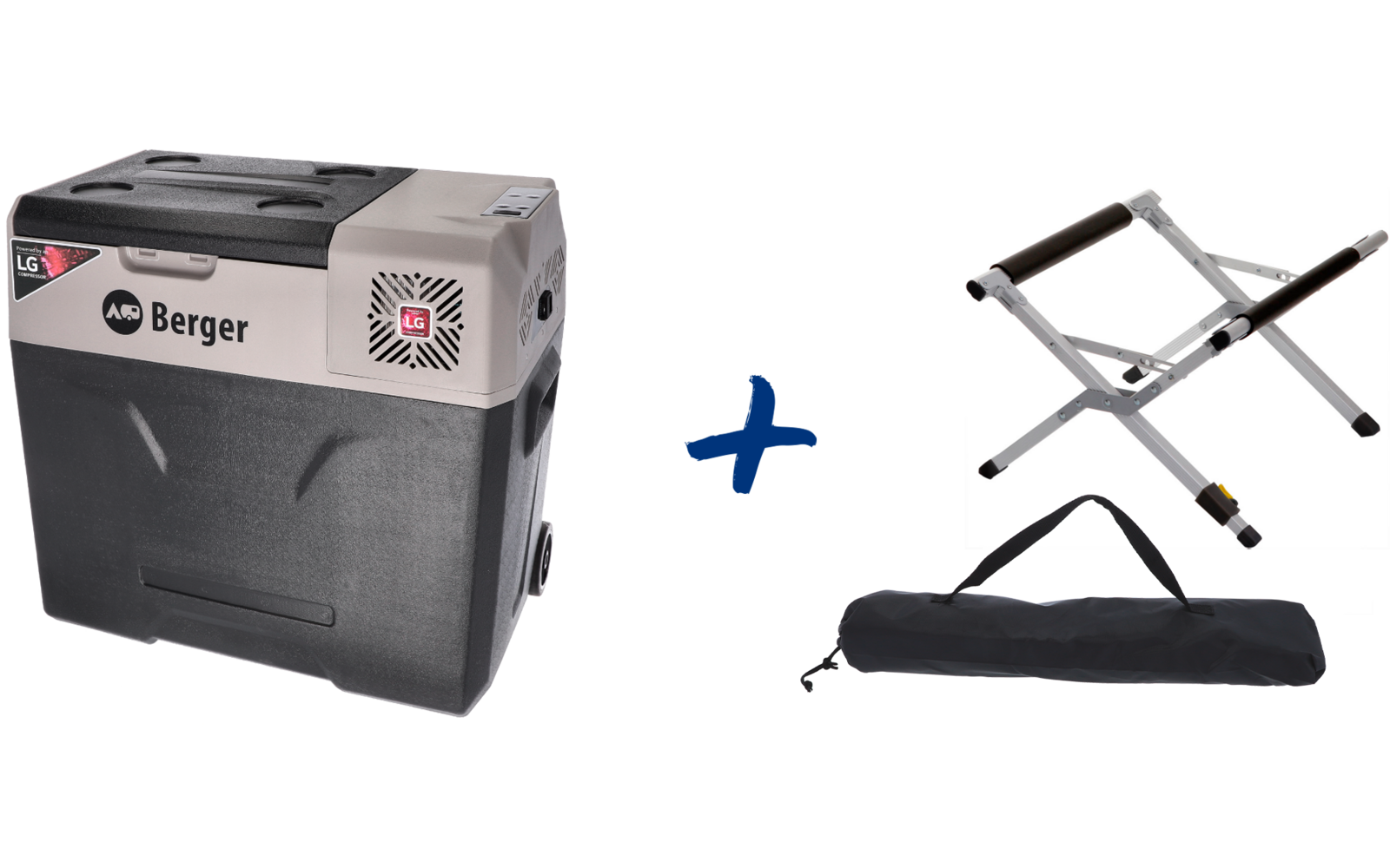 Caja rectangular gris con asa, logotipo y rejilla de ventilación a la izquierda, signo más azul en el centro, soporte plegable plateado y bolsa de transporte negra a la derecha