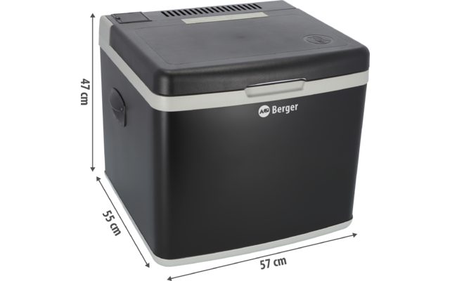 Caja rectangular negra con borde gris claro, tapa con ranuras de ventilación, asa lateral y logotipo blanco Berger en el frente