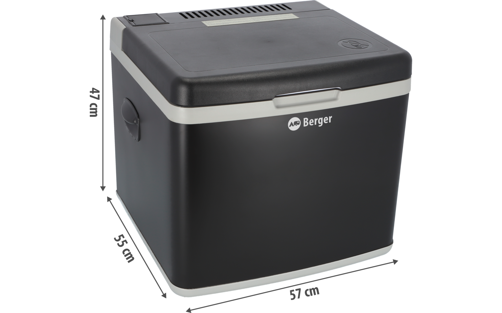 Caja rectangular negra con borde gris claro, tapa con ranuras de ventilación, asa lateral y logotipo blanco Berger en el frente