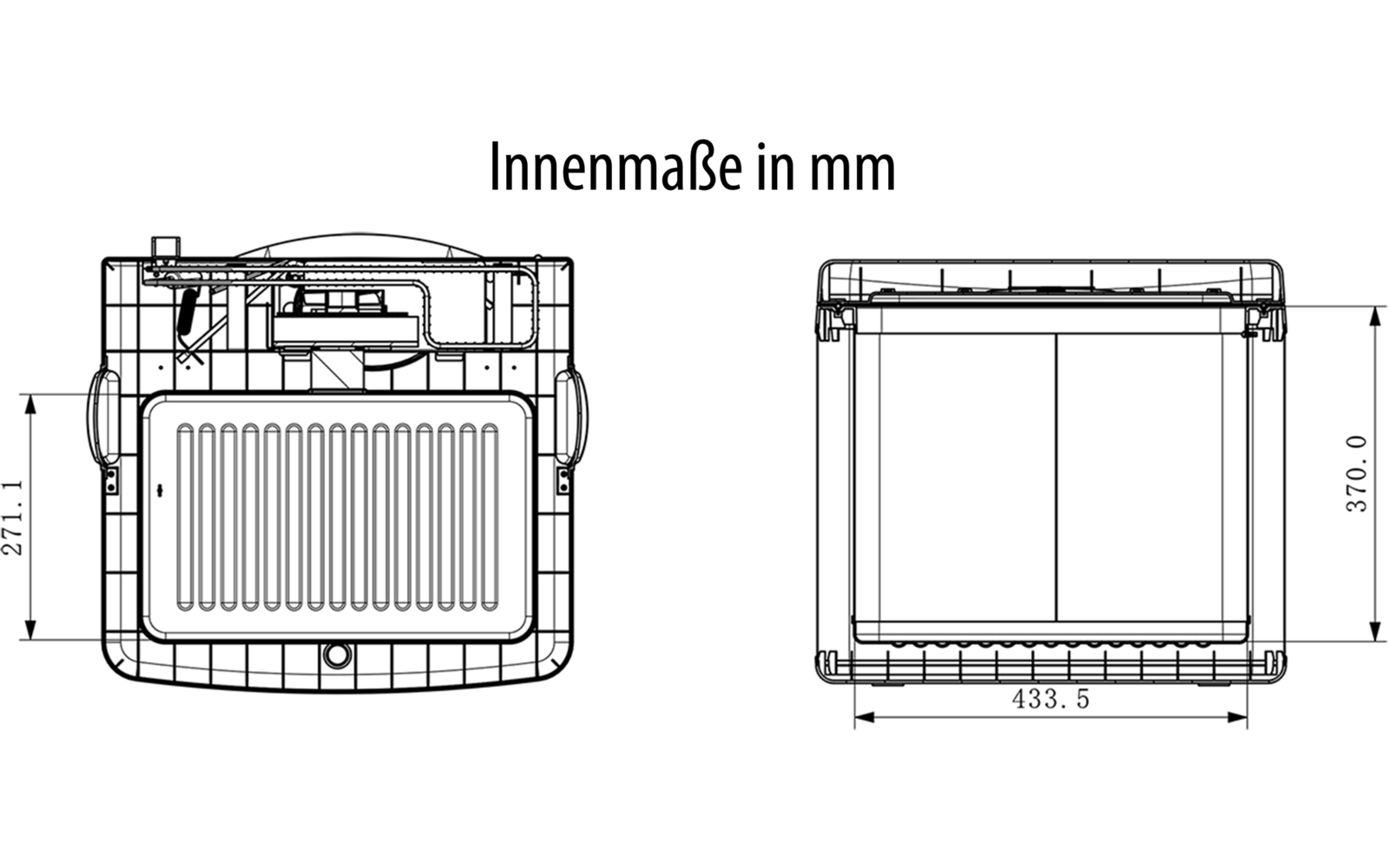 Dibujo técnico con dos vistas ortogonales de un objeto rectangular, líneas y cotas en mm; rótulo 'Innenmaße in mm'; dimensiones visibles 433.5 mm y 372.0 mm