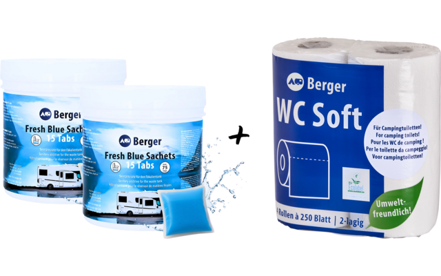 Two white tubs with blue labels and a blue cleaning pod on the left, black plus sign in the center, and a plastic-wrapped pack of two toilet paper rolls with a blue label on a white background