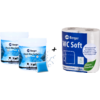 Two white tubs with blue labels and a blue cleaning pod on the left, black plus sign in the center, and a plastic-wrapped pack of two toilet paper rolls with a blue label on a white background