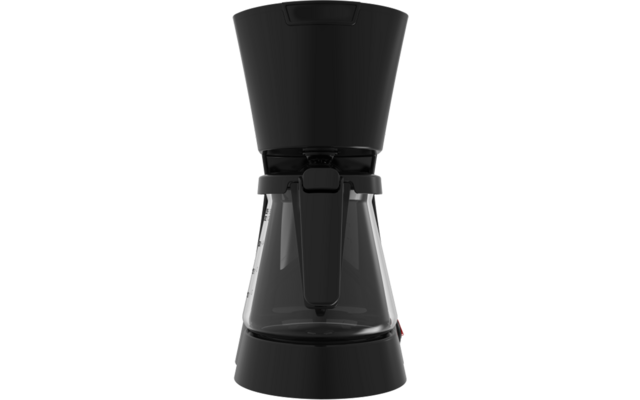 Cafetera de filtro negra con jarra de vidrio y base negra