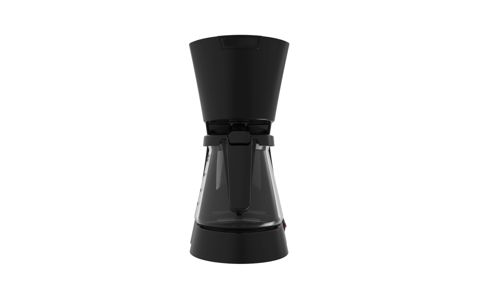 Cafetera de filtro negra con jarra de vidrio y base negra