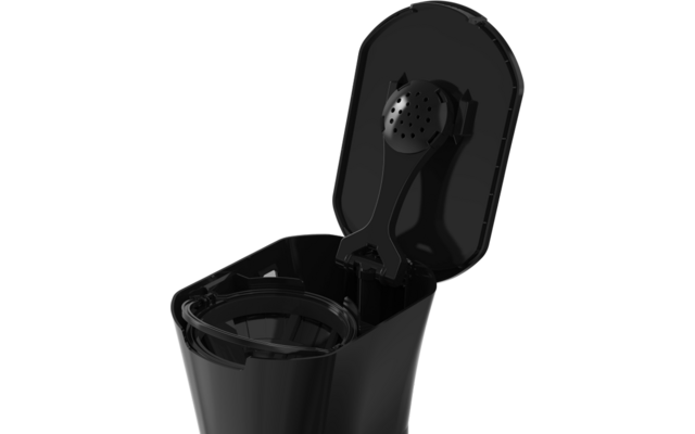 Recipiente de plástico negro abierto con tapa abatible; interior de la tapa con inserto redondo perforado; colador visible en el interior