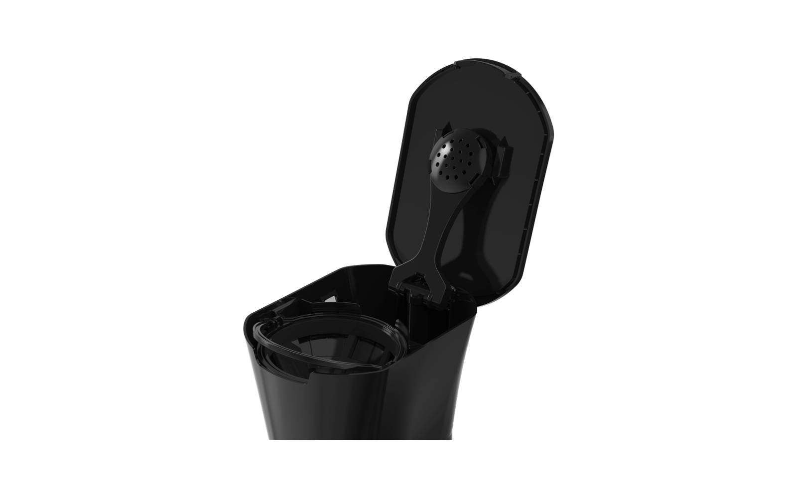 Recipiente de plástico negro abierto con tapa abatible; interior de la tapa con inserto redondo perforado; colador visible en el interior