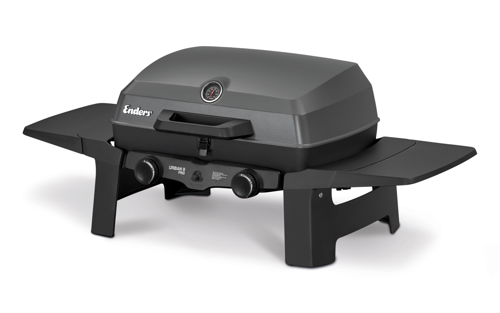 Gray portable gas grill with closed lid, lid thermometer, two control knobs, two side shelves and legs