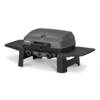 Gray portable gas grill with closed lid, lid thermometer, two control knobs, two side shelves and legs