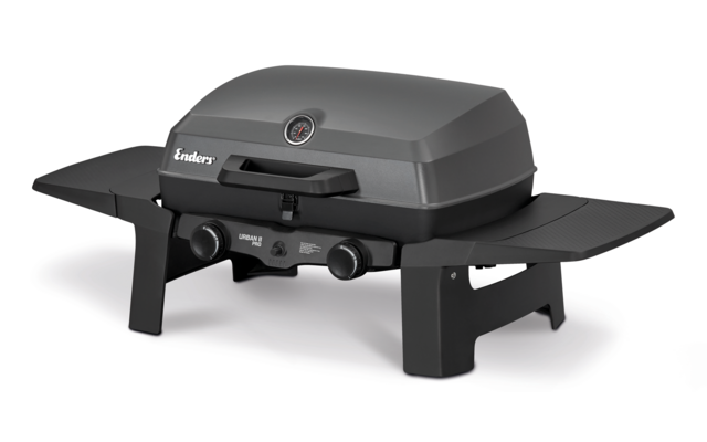 Gray portable gas grill with closed lid, lid thermometer, two control knobs, two side shelves and legs