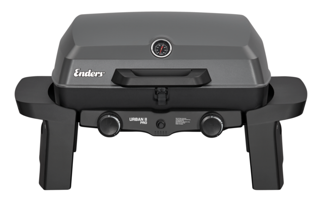 Gray grill with closed lid and temperature gauge on the lid, Enders logo on the front, two control knobs and two legs